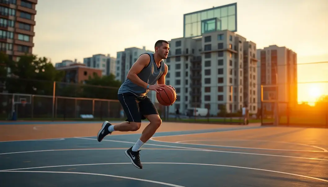 Busy professional practicing basketball on an urban court at sunset.