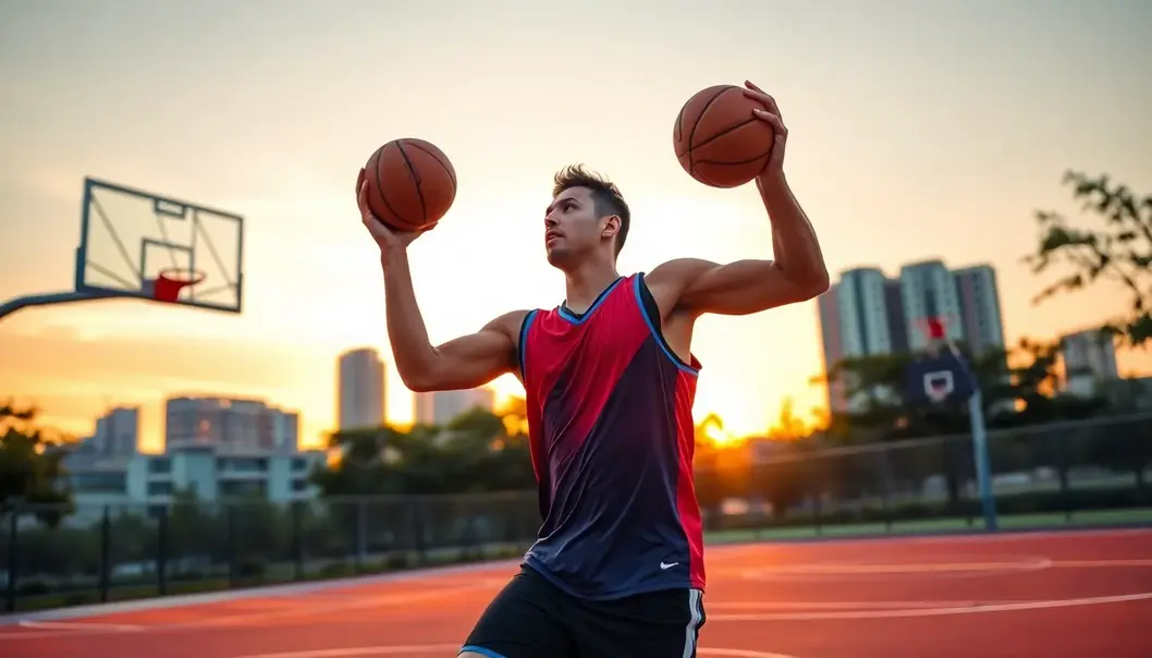 A professional playing basketball on an outdoor court at sunset with an urban background.