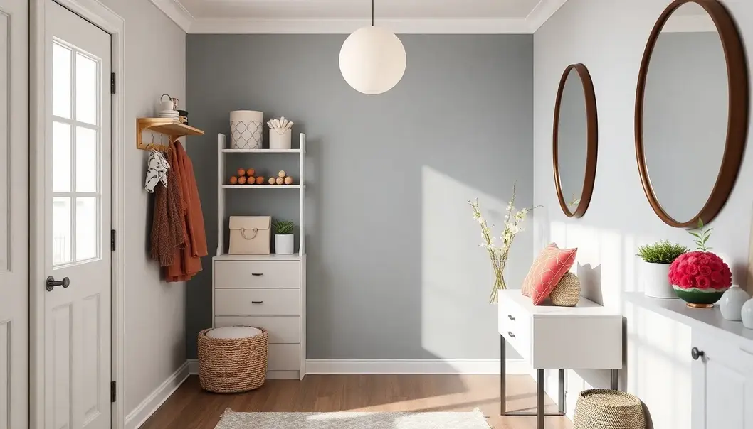 An organized hallway with vertical storage, neutral walls, mirrors, and colorful decorations.