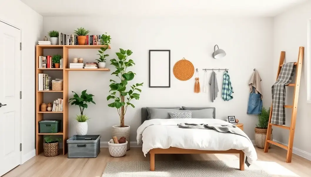 Small living room with multifunctional furniture like a sofa bed and nesting tables.