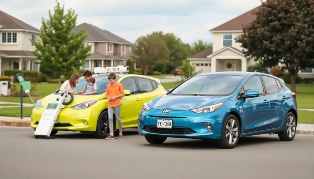 Two families engaging with both electric and gas vehicles, illustrating the decision-making process for parents.