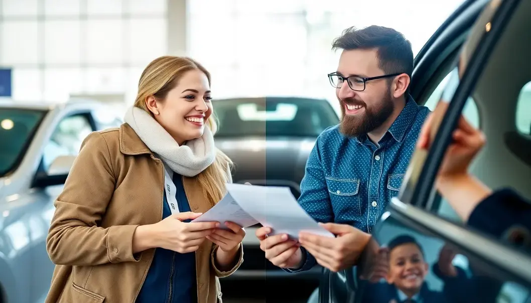 Parents evaluating the costs of electric and gas vehicles at a dealership.