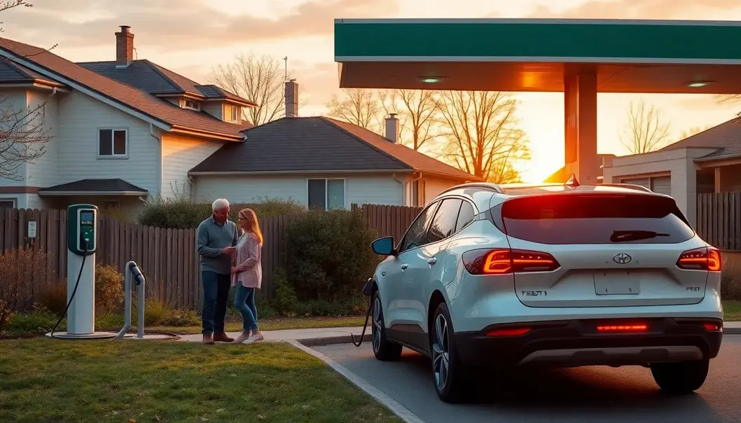 Parents evaluating the costs of electric and gas vehicles at a dealership.
