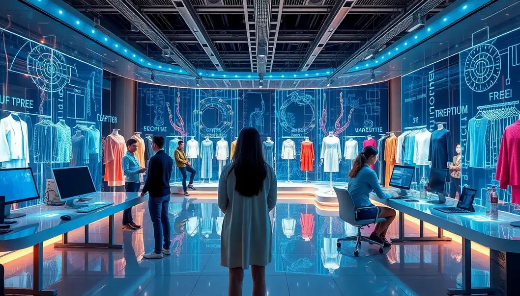 A fashion studio with designers using digital technology to create holographic garments.