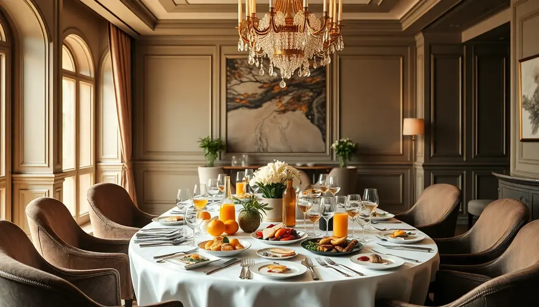 Elegant dining room with a beautifully set table of fermented foods.