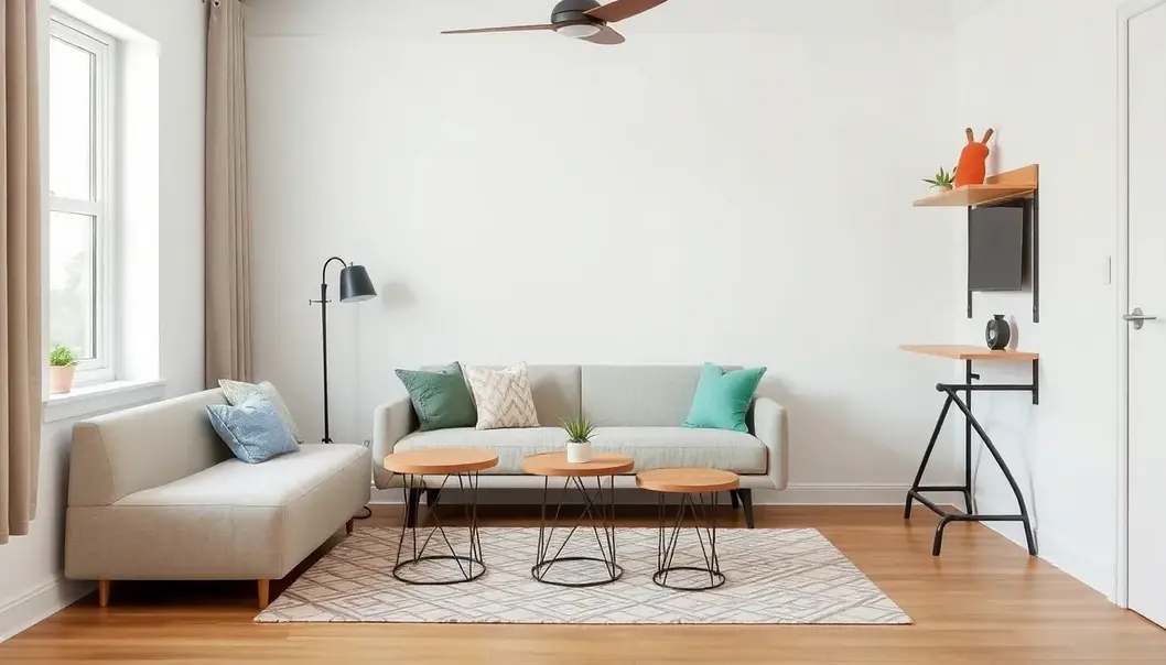 Small living room with multifunctional furniture like a sofa bed and nesting tables.