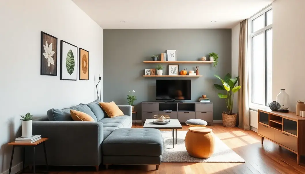 Modern apartment interior with multifunctional furniture and creative storage solutions.